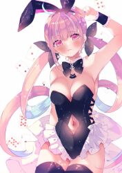Rule 34 | 1girl, ahoge, animal ears, arm up, blunt bangs, blush, breasts, frills, hand up, highres, hololive, leotard, long hair, looking at viewer, medium breasts, minato aqua, moo (umineko), multicolored hair, navel, pink eyes, pink hair, playboy bunny, rabbit ears, rabbit tail, solo, tail, twintails, two-tone hair, virtual youtuber