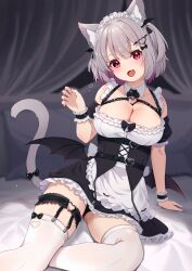 Rule 34 | 1girl, :d, absurdres, animal ear fluff, animal ears, arm support, bat wings, breasts, cat ears, cat girl, cat tail, cleavage, colored inner hair, commentary request, ear piercing, fang, garter straps, grey hair, hair ornament, heart, heart hair ornament, highres, hinata (user rjkt4745), jewelry, large breasts, looking at viewer, low wings, maid, multicolored hair, nail polish, open mouth, original, piercing, pink nails, red eyes, ring, short hair, sitting, skin fang, smile, solo, tail, thighhighs, thighs, two-tone hair, white thighhighs, wings, wrist cuffs