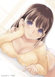 Rule 34 | 1girl, anegasaki nene, blush, breasts, brown hair, cleavage, covered erect nipples, hand on own cheek, hand on own face, kiya shii, large breasts, looking at viewer, love plus, lying, mole, mole under eye, no pants, on side, panties, purple eyes, ribbed sweater, smile, solo, sweater, underwear, white panties
