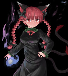 Rule 34 | 1girl, animal ear fluff, black background, black bow, black dress, bow, braid, breasts, cat tail, chups, closed mouth, dress, extra ears, hair bow, highres, hitodama, kaenbyou rin, long hair, long sleeves, looking at viewer, multiple bows, multiple tails, nail polish, nekomata, red eyes, red hair, red nails, side braids, signature, simple background, solo, tail, touhou, twin braids, two tails