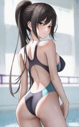Rule 34 | 1girl, arched back, ass, back, back cutout, bare arms, bare shoulders, black hair, black one-piece swimsuit, blurry, breasts, clothing cutout, competition swimsuit, cowboy shot, depth of field, duplicate, female focus, from behind, high ponytail, highleg, highleg swimsuit, highres, idolmaster, idolmaster shiny colors, large breasts, long hair, looking at viewer, looking back, marinesnow, one-piece swimsuit, pixel-perfect duplicate, ponytail, racerback, shirase sakuya, solo, standing, swimsuit, yellow eyes