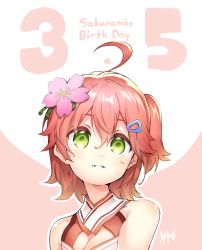 Rule 34 | 1girl, ahoge, bare shoulders, birthday, breasts, character name, cherry blossoms, cleavage, cleavage cutout, clothing cutout, ekakibito, flower, green eyes, hair flower, hair ornament, hairclip, hololive, looking at viewer, nontraditional miko, one side up, outline, pink background, pink hair, sakura miko, sakura miko (old design), shiny skin, short hair, signature, smile, solo, teeth, upper body, virtual youtuber