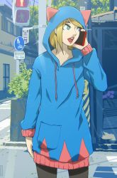 Rule 34 | 1girl, animal ears, animal hood, aurahack, blonde hair, blue eyes, building, cat ears, cellphone, fake animal ears, highres, hood, hoodie, leaf, light, looking to the side, open mouth, original, partially translated, phone, plant, pocket, road sign, sidewalk, sign, signature, smartphone, solo, sweater, talking on phone, traffic light, translation request
