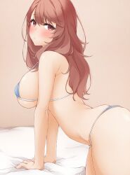 Rule 34 | 1girl, arm support, bikini, blue bikini, blush, breasts, brown eyes, brown hair, closed mouth, commentary request, from side, hinata masaki, large breasts, long hair, looking at viewer, looking to the side, mature female, micro bikini, oshi no ko, saitou miyako, skindentation, solo, strap gap, swimsuit, wavy hair