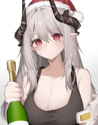 Rule 34 | 1girl, arknights, bare shoulders, bottle, breasts, champagne bottle, cleavage, commentary, gradient background, grey background, hair between eyes, hat, head tilt, highres, holding, holding bottle, horns, hyakutarou (momotar0 4), large breasts, mudrock (arknights), pointy ears, red hat, santa hat, silver hair, solo, sports bra, upper body, white background