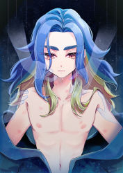 Rule 34 | 1boy, absurdres, adaman (pokemon), blue hair, brown eyes, coat, collarbone, commentary request, creatures (company), disembodied hand, game freak, green hair, highres, long hair, looking down, male focus, multicolored hair, navel, nintendo, nipples, off shoulder, pokemon, pokemon legends: arceus, tyupo (trrpkm), upper body