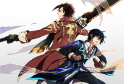 Rule 34 | 2boys, alvin (tales), ascot, baru (smoo), black hair, brown eyes, brown hair, clenched hand, coat, dual wielding, gloves, gradient background, gun, holding, jude mathis, male focus, messy hair, multiple boys, pants, profile, smile, smoke, subaru (hz), sword, tales of (series), tales of xillia, weapon, white background