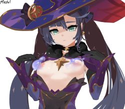 Rule 34 | 1girl, black gloves, blue hair, breasts, breasts out, choker, closed mouth, earrings, firstw1, fur trim, genshin impact, gloves, green eyes, half-closed eyes, hat, highres, jewelry, leotard, leotard pull, long hair, mona (genshin impact), nipples, no bra, signature, simple background, solo, sweat, sweatdrop, twintails, twitching, twitter username, upper body, water, white background, witch hat