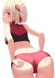 Rule 34 | 1girl, absurdres, adjusting buruma, adjusting clothes, ass, back, blonde hair, blush, buruma, closed mouth, from behind, hair ribbon, highres, leaning forward, looking at viewer, looking back, lycoris recoil, nishikigi chisato, official alternate costume, red buruma, red eyes, red ribbon, ribbon, shiny skin, short hair, solo, starkamisan, track uniform, white background