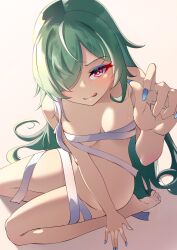 Rule 34 | 1girl, absurdres, barefoot, blue nails, blush, breasts, chinese commentary, commentary, from above, full body, girls&#039; frontline, girls&#039; frontline neural cloud, green hair, hair over one eye, highres, licking lips, long hair, medium breasts, nail polish, naked ribbon, reaching, reaching towards viewer, red eyes, ribbon, simple background, sitting, solo, sweatdrop, tongue, tongue out, very long hair, white ribbon, y kimisaki, zangyin (neural cloud)