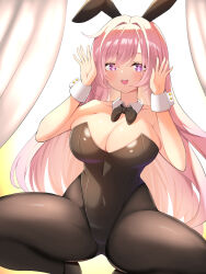 Rule 34 | 1girl, absurdres, animal ears, bare shoulders, black bow, black bowtie, bow, bowtie, breasts, cleavage, covered navel, curtains, elysia (herrscher of human: ego) (honkai impact), elysia (honkai impact), fake animal ears, hair between eyes, hand up, highleg, highleg leotard, highres, honkai (series), honkai impact 3rd, kkhyun5016, large breasts, leotard, long hair, looking at viewer, open mouth, pantyhose, pink eyes, pink hair, pink pupils, playboy bunny, rabbit ears, solo, squatting, teeth, upper teeth only, very long hair, white wrist cuffs, wrist cuffs