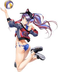 Rule 34 | 1girl, animal hat, ball, blue hair, blue tank top, breasts, cat hat, cleavage, collarbone, full body, gradient background, grey eyes, hat, jacket, kantai collection, large breasts, long hair, multicolored clothes, multicolored hair, multicolored jacket, official art, playing sports, ponytail, red hair, red jacket, source mismatch, south dakota (kancolle), sports bikini, tank top, transparent background, volleyball, volleyball (object), white hair, zeco