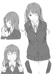 Rule 34 | 1girl, arms behind back, bag, blush, breasts, carrying bag, character sheet, closed eyes, fingers together, flying sweatdrops, greyscale, hands up, highres, index fingers together, jacket, long hair, messy hair, monochrome, multiple views, niwatazumi, one eye closed, open mouth, original, pleated skirt, ribbon, school bag, school uniform, skirt, white background