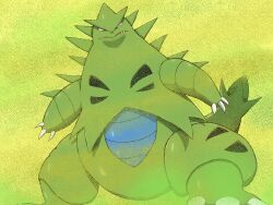 Rule 34 | :&gt;, artist request, claws, creatures (company), full body, game freak, gen 2 pokemon, highres, horns, looking at viewer, nintendo, no humans, pokemon, pokemon (creature), solo, spikes, standing, tail, tyranitar