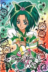 Rule 34 | 00s, 1girl, akimoto komachi, cure mint, dress, foil (fencing), green eyes, green hair, hair ornament, long hair, magical girl, matching hair/eyes, official art, precure, solo, sword, weapon, yes! precure 5