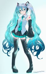 Rule 34 | 1girl, absurdres, aqua necktie, aqua skirt, black footwear, black skirt, black sleeves, blue eyes, blue hair, boots, character name, collared shirt, detached sleeves, dress shirt, full body, glance neon, gradient hair, grey background, hair between eyes, hatsune miku, headphones, headset, highres, long hair, long sleeves, looking at viewer, microphone, miniskirt, multicolored hair, necktie, number tattoo, parted lips, pleated skirt, shirt, shoulder tattoo, skirt, sleeveless, sleeveless shirt, solo, tattoo, thigh boots, thighhighs, twintails, two-tone skirt, very long hair, vocaloid, vocaloid boxart pose, white shirt, wing collar, zettai ryouiki