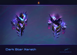 Rule 34 | 1boy, alternate costume, armor, character name, claws, commentary, from behind, glowing, league of legends, magic, male focus, multiple views, pink eyes, signature, space, thorsten erdt, watermark, web address, xerath
