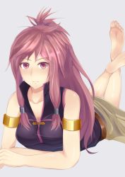 Rule 34 | 10s, 1girl, 2018, armlet, barefoot, breasts, cleavage, dress, feet, fire emblem, fire emblem: the sacred stones, long hair, looking at viewer, lying, marisa (fire emblem), medium breasts, nintendo, on stomach, pink eyes, pink hair, ponytail, shiny skin, sidelocks, sleeveless, sleeveless dress, soles, solo, the pose