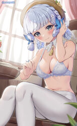 Rule 34 | 1girl, ayaka (genshin impact), bare arms, bare shoulders, blue eyes, blunt tresses, blush, bow, bra, braid, breasts, brown hat, butterfly hair ornament, cleavage, closed mouth, commentary request, curtains, detached collar, feet out of frame, flower, genshin impact, hair flower, hair ornament, hand up, hat, highres, kamisato ayaka, kamisato ayaka (springbloom missive), looking at viewer, medium breasts, mole, mole under eye, navel, neck tassel, official alternate hairstyle, on chair, paid reward available, pantyhose, ponnyu12, red flower, red rose, rose, sitting, smile, solo, stomach, thighs, twitter username, underwear, white flower, white hair, white pantyhose, window