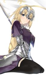 Rule 34 | 1girl, armor, armored dress, black thighhighs, blonde hair, blue eyes, blush, braid, breasts, capelet, elbow gloves, fate/grand order, fate (series), flag, flagpole, gauntlets, gloves, head tilt, headpiece, highres, jeanne d&#039;arc (fate), jeanne d&#039;arc (ruler) (fate), large breasts, long braid, long hair, looking at viewer, nemun (tamizzz), single braid, sitting, smile, solo, thighhighs, very long hair, wariza