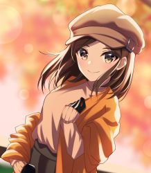 Rule 34 | 1girl, black gloves, blurry, blurry background, brown eyes, brown hair, brown hat, cabbie hat, closed mouth, floating hair, gloves, grey skirt, hair down, hat, highres, idolmaster, idolmaster cinderella girls, long hair, long sleeves, looking at viewer, parted bangs, saejima kiyomi, skirt, sleeves past wrists, smile, solo, sweater, v3assalut, white sweater