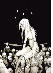 Rule 34 | 1girl, absurdres, android, black background, black eyes, crowd, doll, doll joints, highres, joints, long hair, monochrome, multiple boys, nihei tsutomu, ningyou no kuni, official art, open mouth, simple background, sitting, sitting on person, white eyes, white hair