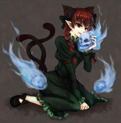 1girl animal_ears bad_id bad_pixiv_id braid cat_ears cat_girl cat_tail female_focus kaenbyou_rin long_hair long_sleeves manasseh multiple_tails open_mouth pointy_ears puffy_sleeves red_eyes red_hair solo tail touhou twin_braids