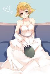 Rule 34 | 10s, 1girl, abenattou, blonde hair, breasts, brown eyes, cleavage, closed mouth, collarbone, commentary request, couch, dress, elbow gloves, erwin (girls und panzer), girls und panzer, gloves, green hat, hat, head tilt, heart, holding, long dress, looking at viewer, medium breasts, pointy hair, short hair, sitting, smile, solo, unworn hat, unworn headwear, wedding dress, white dress, white gloves