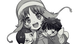 Rule 34 | 1boy, :d, asada hachi, blush stickers, buttons, child, collared shirt, commentary, grey background, greyscale, hand puppet, happy, hat, highres, houjou reisuke, looking at viewer, male focus, mirai nikki, monochrome, open mouth, puppet, shirt, short hair, smile, solo, teeth, twitter username, upper body, upper teeth only, watermark