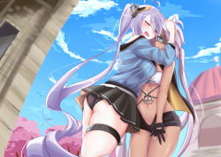 Rule 34 | ahoge, azur lane, bandeau, belt, black belt, black gloves, black panties, black sailor collar, black shorts, black skirt, blue eyes, blue shirt, blush, breasts, building, cherry blossoms, closed eyes, cloud, commentary, dark-skinned female, dark skin, day, english commentary, facepaint, fang, feet out of frame, gloom (expression), gloves, hand on another&#039;s head, heart, heart ahoge, highres, hug, indianapolis (azur lane), large breasts, long hair, medium breasts, miniskirt, navel, open mouth, outdoors, panties, partially fingerless gloves, pink hair, pleated skirt, portland (azur lane), purple hair, sailor collar, shirt, short shorts, shorts, siblings, side ponytail, siscon, sisters, skin fang, skirt, smile, thigh belt, thigh strap, tnolize, triangle mouth, twintails, underboob, underwear, very long hair, white bandeau