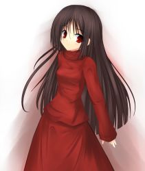 Rule 34 | 1girl, alma (f.e.a.r.), alma wade, black hair, brown hair, dress, f.e.a.r., long hair, looking at viewer, niboss, red dress, red eyes, sleeves past wrists, solo