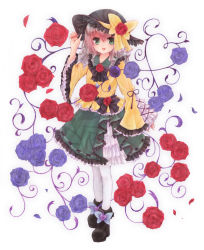 Rule 34 | 1girl, ankle boots, ascot, bad id, bad pixiv id, bebitera, blouse, blue flower, blue rose, boots, embellished costume, floral background, flower, frilled hat, frills, full body, green eyes, hand on headwear, hat, hat flower, hat ribbon, heart, heart of string, highres, komeiji koishi, long sleeves, looking at viewer, pantyhose, parted lips, red flower, red rose, ribbon, rose, shirt, short hair, silver hair, skirt, solo, third eye, touhou, white background, white pantyhose
