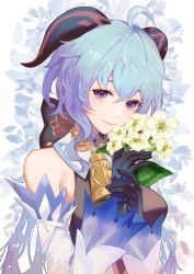 Rule 34 | ahoge, artist name, bare shoulders, bell, black gloves, blue hair, bow, breasts, detached sleeves, flower, ganyu (genshin impact), genshin impact, gloves, gold trim, highres, holding, holding flower, horns, kawausoman, long hair, looking at viewer, medium breasts, neck bell, purple eyes, qingxin flower, sidelocks, signature, smile, solo, upper body, white flower, white sleeves