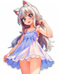 Rule 34 | 1girl, absurdres, animal ears, bare shoulders, blush, cat ears, commentary request, dress, fang, flat chest, grey eyes, grey hair, highres, long hair, looking at viewer, open mouth, original, panties, pantyshot, simple background, smile, solo, tsukiyono aroe, underwear, white background, white dress, white panties