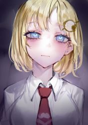 Rule 34 | 1girl, absurdres, blonde hair, blue eyes, blush, bob cut, closed mouth, collared shirt, depressed, hair ornament, highres, hololive, hololive english, looking at viewer, medium hair, mile (off8mile), necktie, red necktie, shirt, solo, upper body, virtual youtuber, watson amelia, white shirt, wing collar