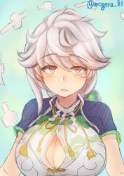 Rule 34 | arms at sides, asymmetrical hair, braid, breasts, cleavage cutout, clothing cutout, cloud print, commentary request, crop top, hair ornament, jitome, kantai collection, large breasts, long hair, looking at viewer, midriff, mogera81, shikigami, short sleeves, silver hair, single braid, sketch, solo, twitter username, unryuu (kancolle), upper body, very long hair, wavy hair, yellow eyes