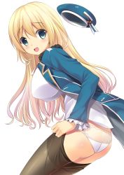 Rule 34 | 10s, 1girl, ass, atago (kancolle), black pantyhose, blonde hair, blue hat, blush, breasts, butt crack, clothes pull, dressing, green eyes, hat, kantai collection, large breasts, long hair, looking at viewer, military, military uniform, onaka sukisuki, open mouth, panties, pantyhose, pantyhose pull, personification, see-through, simple background, smile, solo, underwear, uniform, unworn hat, unworn headwear, white background, white panties