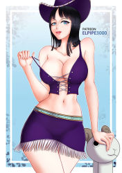 Rule 34 | black hair, blue eyes, blunt bangs, breasts, corset, cowboy hat, cross-laced clothes, going merry, hat, large breasts, nico robin, nico robin (alabasta), one piece, purple corset, tagme