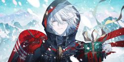 Rule 34 | 1boy, absurdres, bishounen, blue eyes, box, chibi, chinese commentary, christmas, christmas present, coat, colored skin, eyeshadow, fate/grand order, fate (series), gift, gift box, gloves, hat, highres, holding, hood, hood up, karna (fate), karna (santa) (fate), looking at viewer, makeup, male focus, mountain, red gloves, short hair, sky, smile, snow, snowing, solo, sqloveraven, tsurime, upper body, white hair, white skin