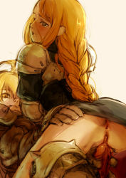 Rule 34 | 1boy, 1girl, agrias oaks, ahoge, anus, armor, ass, ass grab, blonde hair, bottomless, braid, branch (blackrabbits), clothed sex, cowgirl position, drooling, final fantasy, final fantasy tactics, from behind, gauntlets, girl on top, greaves, guided penetration, hetero, imminent penetration, imminent vaginal, long hair, looking back, no panties, open mouth, pauldrons, penis, pussy, ramza beoulve, shoulder armor, smile, spikes, straddling, uncensored