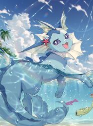 Rule 34 | :d, blue skin, blue sky, colored skin, commentary, creatures (company), fins, forked tail, game freak, gen 1 pokemon, head fins, highres, kaminokefusa, looking at viewer, nintendo, no humans, ocean, open mouth, pokemon, pokemon (creature), purple eyes, sky, smile, starfish hair ornament, sunlight, swimming, tail, tatsugiri, tatsugiri (curly), tatsugiri (droopy), tatsugiri (stretchy), vaporeon
