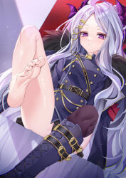 Rule 34 | 1girl, absurdres, barefoot, blue archive, chierishu, highres, hina (blue archive), horns, long hair, looking at viewer, purple eyes, sitting, solo, white hair