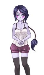 Rule 34 | 1girl, aqua eyes, black hair, black thighhighs, bloomers, blue eyes, breasts, camisole, colored skin, dota (series), dota 2, facial mark, hip focus, long hair, pas (paxiti), pointy ears, ponytail, purple skin, simple background, solo, templar assassin (dota), thighhighs, underwear, white background, zettai ryouiki