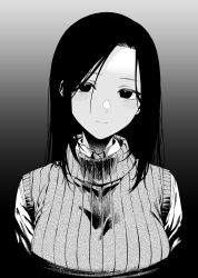 Rule 34 | 1girl, black eyes, black hair, blush, breasts, closed mouth, commentary request, gradient background, greyscale, ice reizou, long hair, looking at viewer, medium breasts, monochrome, parted bangs, shibasawa yuri, shounen no abyss, smile, solo, sweater, turtleneck, turtleneck sweater, upper body