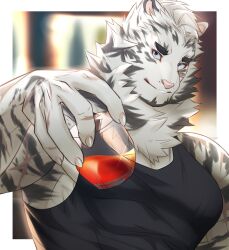 Rule 34 | 1boy, animal ears, arknights, backlighting, bara, black tank top, blue eyes, cup, drinking glass, facial hair, foreshortening, furry, furry male, goatee, highres, holding, holding cup, incoming drink, large pectorals, male focus, mature male, mountain (arknights), muscular, muscular male, pectorals, scar, scar across eye, short hair, sidepec, smile, solo, susabi (susabi 3b), tank top, thick eyebrows, tiger boy, tiger ears, upper body, white hair, wine glass