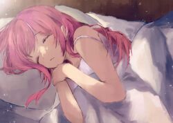 Rule 34 | 1girl, absurdres, amagase muyu, bare shoulders, bed, blanket, blush, closed eyes, closed mouth, hair down, highres, light particles, long hair, lying, nijisanji, non-web source, nyankumo, on bed, on side, pillow, pink hair, sleeping, sleeveless, solo, strap slip, under covers, upper body