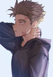 Rule 34 | 1boy, arm behind head, arm up, backlighting, blonde hair, boku no hero academia, burn scar, ear piercing, facial hair, facial mark, from side, goatee, hawks (boku no hero academia), hood, hood down, hoodie, looking ahead, male focus, mm39572, no earrings, no wings, parted lips, piercing, profile, scar, scar on face, scar on forehead, scar on neck, short hair, simple background, solo, stubble, toned, toned male, upper body, white background, yellow eyes
