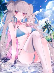 Rule 34 | 1girl, arm support, ashiba nero, azur lane, bad id, bad pixiv id, bikini, blue bikini, blue sky, blunt bangs, braid, breasts, closed mouth, cloud, collarbone, day, double bun, formidable (azur lane), formidable (the lady of the beach) (azur lane), hair bun, halterneck, large breasts, long hair, looking at viewer, official alternate costume, palm tree, petals, red eyes, sitting, sky, solo, swimsuit, thighhighs, tree, twin braids, very long hair, water, white thighhighs