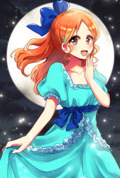 Rule 34 | 1girl, :d, alternate hairstyle, bad id, bad pixiv id, bleach, blue bow, blue dress, blue ribbon, blush, bow, brown eyes, collarbone, covering own mouth, dress, full moon, hair bow, hand over own mouth, inoue orihime, long hair, looking at viewer, moon, open mouth, ponytail, rei no himo, ribbon, short sleeves, skirt hold, smile, solo, standing, umi (pixiv6861961)