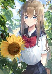 Rule 34 | 1girl, a maru, arms behind back, artist name, bad id, bad pixiv id, black sailor collar, black skirt, blue eyes, blue sky, blush, bow, brown hair, closed mouth, cloud, cloudy sky, commentary request, day, flower, hair between eyes, highres, long hair, looking at viewer, original, outdoors, plant, pleated skirt, red bow, sailor collar, school uniform, serafuku, shirt, short sleeves, skirt, sky, smile, solo, summer, sunflower, water drop, white shirt